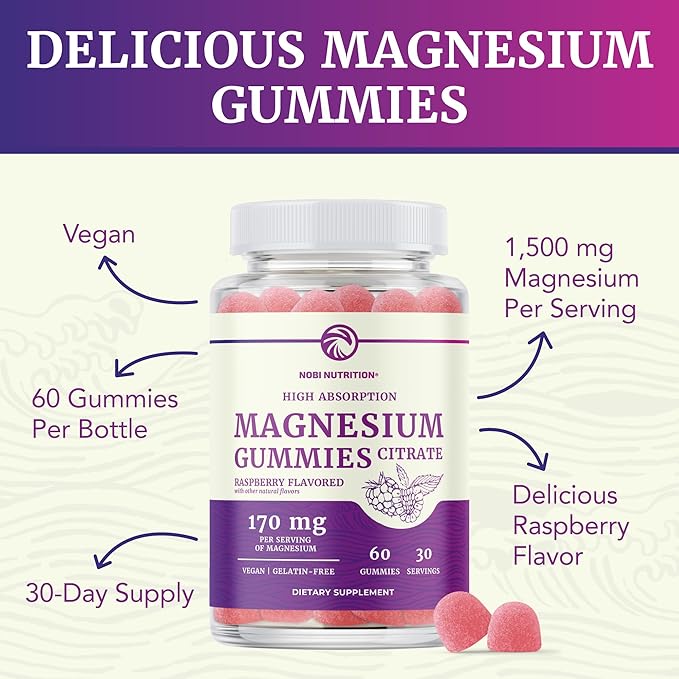 Magnesium Citrate Gummies | Extra Strength for Calm, Relaxation & Digestion | High Absorption Magnesium Gummies for Adults | Vegan, Non-GMO | Raspberry Flavor Mag Gummy | 60 Ct, 1 Month Supply