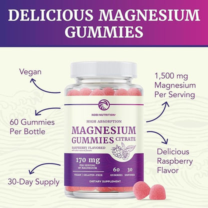 Magnesium Citrate Gummies | Extra Strength for Calm, Relaxation & Digestion | High Absorption Magnesium Gummies for Adults | Vegan, Non-GMO | Raspberry Flavor Mag Gummy | 60 Ct, 1 Month Supply