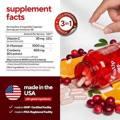 D-Mannose Supplements for Women – USA Made D-Mannose with Cranberry & Vitamin C – Cranberry Pills for Women for Urinary Tract & Bladder, Immune Support – 90 Vegan Capsules