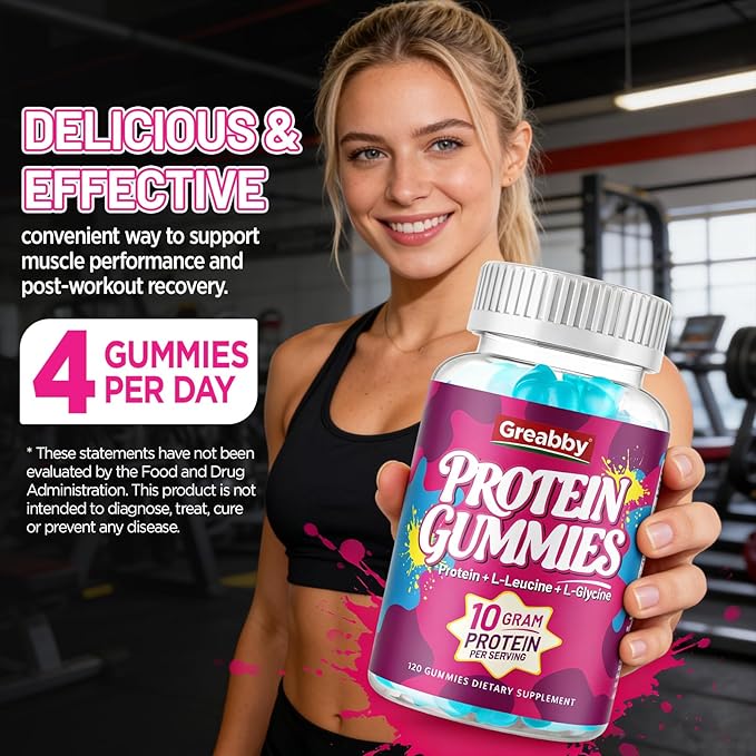 Protein Gummies, Chewable Whey Protein Supplement with L-Glycine & L-Leucine, 10g Protein for Women & Men, Muscle, Hair, Skin & Nails, 120 Count