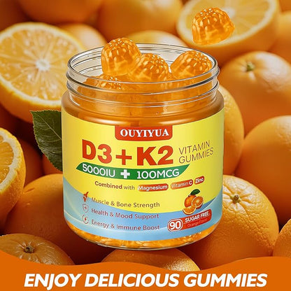 Vitamin D3 K2 Gummies，Vitamin D3 5000IU + K2 (MK-7) 100mcg Gummies for Adults | Immune Health Support, Teeth & Muscle Function Boost |90 Count