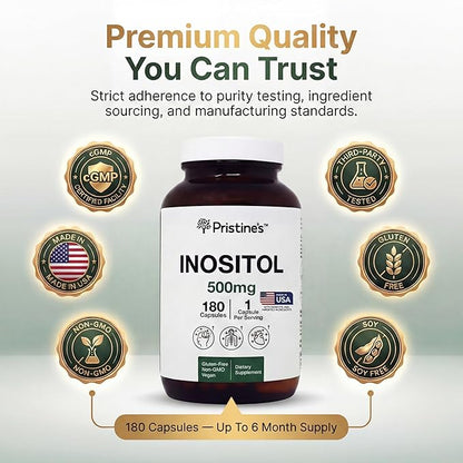 PRISTINE'S Myo Inositol PCOS Supplement Capsules - 500mg 180 Day Supply - Vegan, Gluten Free, Non GMO