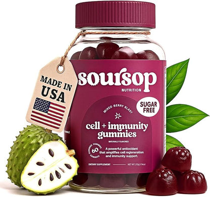 Soursop Graviola Gummies - Sugar Free Soursop Gummies with Vitamin C, Zinc - Digestive Aid, Immune Support & Antioxidants - Made from Soursop Leaves - Sour SOP Supplement for Adults - (Berry 1-Pack)