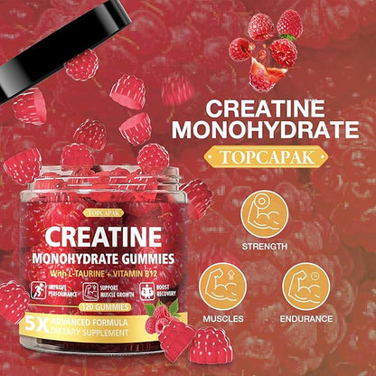 Creatine Gummies for Men & Women - Chewable Creatine Gummy with Taurine & Vitamin B12, 5g Creatine Monohydrate per Serving, 120 Gummies - Raspberry Flavor, Raspberry-Shaped
