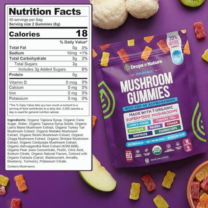 Drops Of Nature Lions Mane & Ashwagandha Gummies – Turkey Tail, Maitake, Reishi, Chaga, Shiitake, Cordyceps – Organic, Low Carb Superfood Gummies – 8 in 1 Mushroom Blend (Mixed Fruit, 80 Gummy Bears)