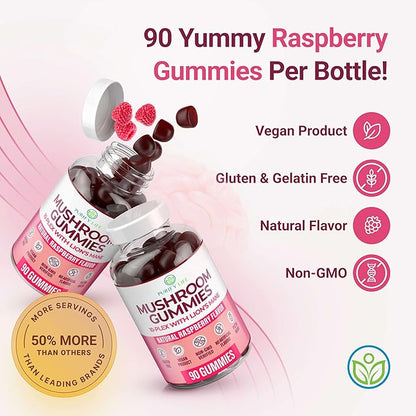 World's First Mushroom Complex Gummies with Lions Mane, Immune Support & Stress Relief, Nootropic Mushroom Supplement for Adults & Children (90 Chews 2500mg/serving)