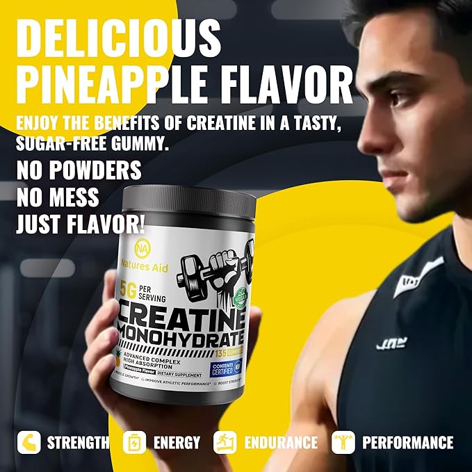 Natures Aid NSF Certified Creatine Gummy 5g - Creatine Monohydrate Gummies – Pre-Workout Energy & Muscle Growth Support for Men & Women | Pineapple Electrolyte Gummies (135 Count)