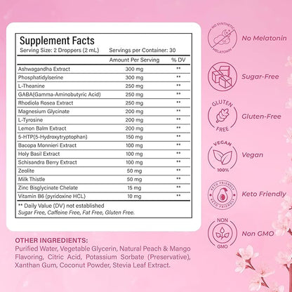 Cortisol Supplements for Women Liquid Drops - Hormone Balance & Mood Support for Women – Ashwagandha, GABA, Magnesium Glycinate, Rhodiola, 5-HTP – Sugar Free, Vegan, Non-GMO - 2 fl oz