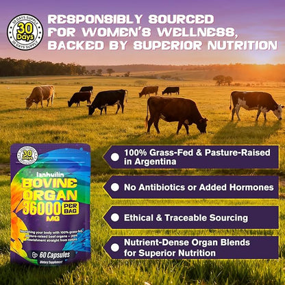 Beef Organ Supplement for Women - 100% Grass Fed Beef Organs with Bovine Liver, Ovary, Uterus, Kidney, Heart & Fallopian Tubes - PMS, Menopause & Energy, Immune & Mood Support, 60 Count