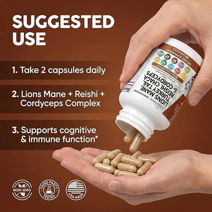 Clean Nutraceuticals Lions Mane 20in1 Mushroom Supplement with Turkey Tail Reishi Cordyceps Chaga Maitake Meshima Poria Cocos Shiitake Oyster Porcini Enoki - 1 Pack