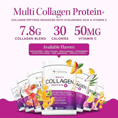 Multi Collagen Peptides Powder for Women - Hydrolyzed Flavored Collagen Powder for Women with Types I II III V & X Vitamin C & Hyaluronic Acid for Hair Skin and Nails (Pink Lemonade) - 30 Servings