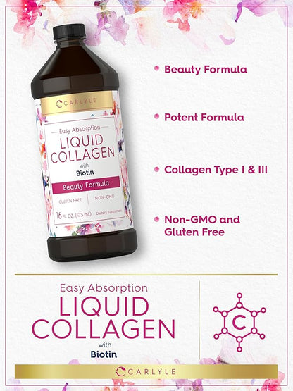 Carlyle Liquid Collagen for Women and Men | 16 fl oz | Type 1 & 3 with Biotin | Berry Flavor | Non-GMO & Gluten Free Supplement