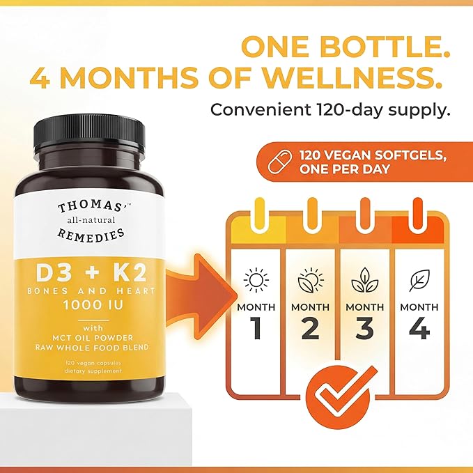 Thomas' all-natural Remedies D3 + K2 with MCT Oil for Better Absorption & Raw Whole Food Blend, 1000 IU D3, Vegan, Made in USA, Support for Your Heart, Bones & Teeth, Non-GMO (120ct)