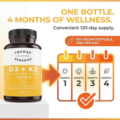 Thomas' all-natural Remedies D3 + K2 with MCT Oil for Better Absorption & Raw Whole Food Blend, 1000 IU D3, Vegan, Made in USA, Support for Your Heart, Bones & Teeth, Non-GMO (120ct)