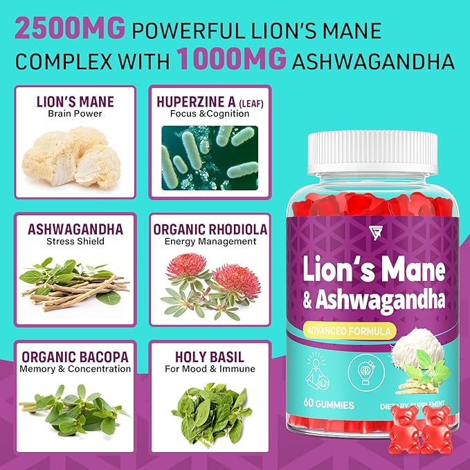 Organic Ashwagandha Gummies & Lions Mane Gummies with 4 Adaptogens| Brain Supplements for Memory and Focus, Stress, Energy, Immune, Sleep| Cortisol Supplements for Women & Men| Berry Flavor, 60 Counts