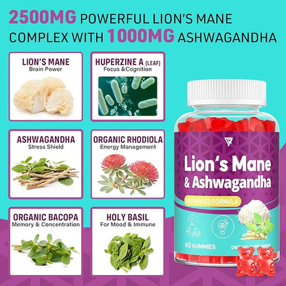 Organic Ashwagandha Gummies & Lions Mane Gummies with 4 Adaptogens| Brain Supplements for Memory and Focus, Stress, Energy, Immune, Sleep| Cortisol Supplements for Women & Men| Berry Flavor, 60 Counts