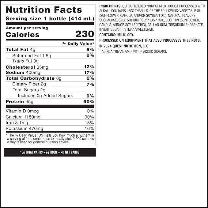 Quest Nutrition Chocolate Protein Shake,45g Protein,2g Sugar,4g Net Carbs,Ready to Drink,Gluten Free,(Pack of 24)