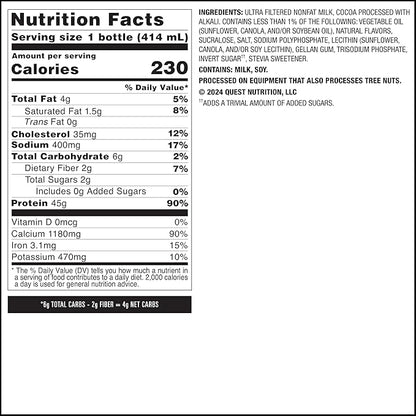Quest Nutrition Chocolate Protein Shake,45g Protein,2g Sugar,4g Net Carbs,Ready to Drink,Gluten Free,(Pack of 24)