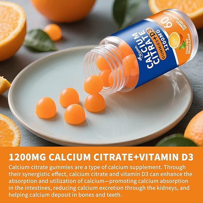 (2 Pack)Calcium Citrate 1200mg with Vitamin D3 Gummies for women & Men，Calcium Citrate Supplements for Bone & Teeth Support,High Absorption-Easy to Digest, Sugar Free,Vegan,Orange Flavor,60 Day Supply