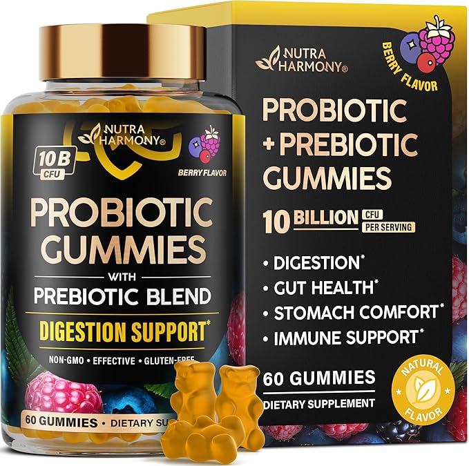 Probiotic Gummies 10B CFU with Prebiotic Fiber - Digestion & Immune Support - Debloat, Stomach & Gut Comfort - Probiotics for Women & Men - Natural Berry Flavor - Vegan & Sugar-free - 60 Gummies