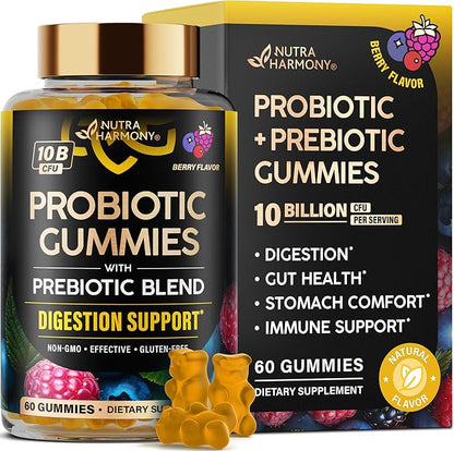 Probiotic Gummies 10B CFU with Prebiotic Fiber - Digestion & Immune Support - Debloat, Stomach & Gut Comfort - Probiotics for Women & Men - Natural Berry Flavor - Vegan & Sugar-free - 60 Gummies