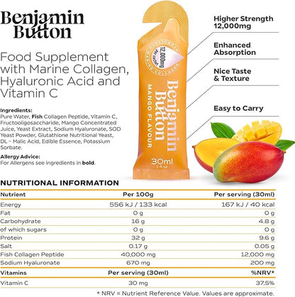 12,000mg Marine Collagen Liquid Shots| High Strength Hydrolyzed Marine Collagen Peptides w/Hyaluronic Acid & Vitamin C for Skin, Hair & Joints | Mango, 14 Daily Servings 30ml