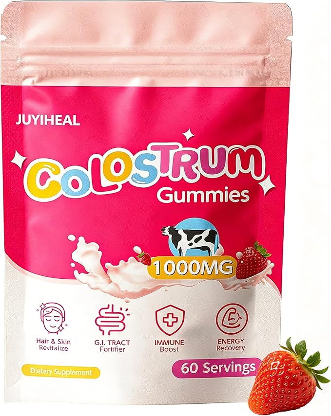 Core Bovine Colostrum Gummies, 1g Per Serving Grass Fed Colostrum Chews Colostrum Supplement for Gut Health, Hair Growth, Beauty, and Immune Support, Strawberry Flavor 60 Servings