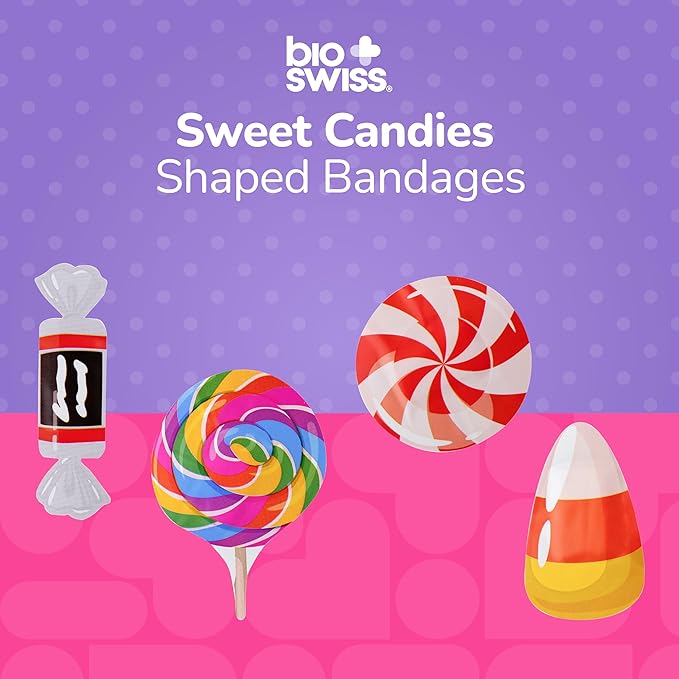 BioSwiss Bandages, Sweet Candies Shaped Self Adhesive Bandage Set, Latex Free, Sterile Wound Care, 24 Count