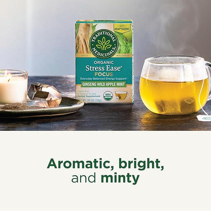 Traditional Medicinals Organic,Stress Ease Focus,Ginseng Wild Apple Mint Tea - Balanced Energy Support & Adaptogens - Kosher,Non-GMO,Caffeine-Free,Compostable - 16 Tea Bags,(Pack of 2)