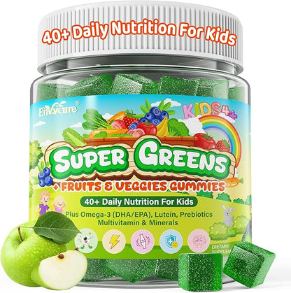Kids Super Greens Gummies, w/Multivitamins, 20+ Veggie Fruit, Prebiotics, Calcium, Omega-3 (DHA/EPA), Kids Vitamins Greens Superfood Gummies for Picky Eaters Growth, Energy, Immune, Digestion, 1 Pack