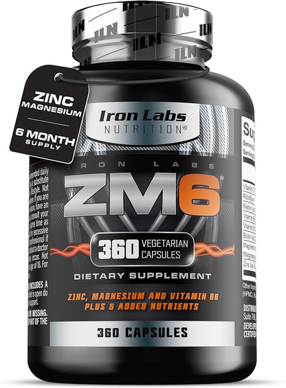 Iron Labs ZM6 - High Strength Zinc and Magnesium Supplement - 360 Vegetarian Capsules (6 Month Supply) - Super Enhanced Zinc Magnesium Aspartate and B6 Complex