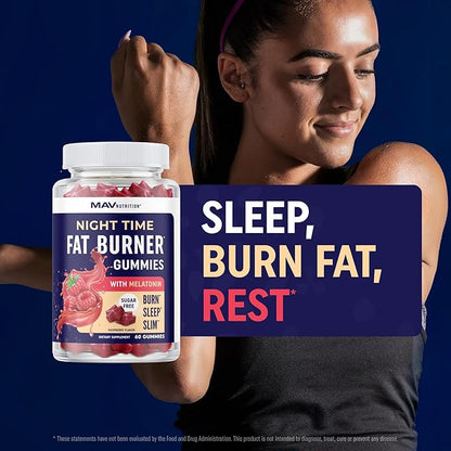 Night Time Fat Burner Gummies with Melatonin for Sleep & Weight Loss Support | Hunger Suppressant & Metabolism Booster, Shred Belly Fat While You Sleep | Diet Supplement for Women & Men | 60 Ct