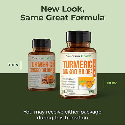 Ginkgo Biloba and Turmeric Curcumin Supplement with Black Pepper & Organic Tumeric – Natural Turmeric Supplement for Focus, Memory, Joint & Brain Health – 180 Vegan Ginko Biloba Capsules with Curcuma