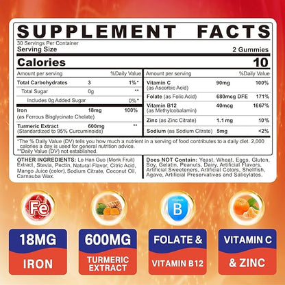 Vegan Iron Gummies Supplement with Vitamin C, B12, Folate & Turmeric - Energy & Immune Health | Gummy Iron Bisglycinate 18mg Gentle & Non-Constipating - Women & Men, 2 Pack