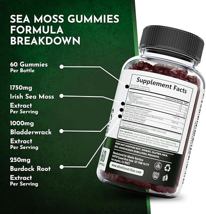 Irish Sea Moss Gummies - 3000MG - Formulated w/ Irish Sea Moss, Bladderwrack & Burdock Root, Contain Essential Vitamin & Mineral - Antioxidant-Rich Superfood Supplement, 60 Sea Moss Gummies for Adults