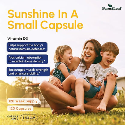 ForestLeaf Vitamin D3 50,000 IU | VIT D - Kosher VIT D3 Vitamin D Supplement for Women and Men | Bone Health, Teeth, Immune Support | Weekly Dose, 2-Year Supply, 120 Caps