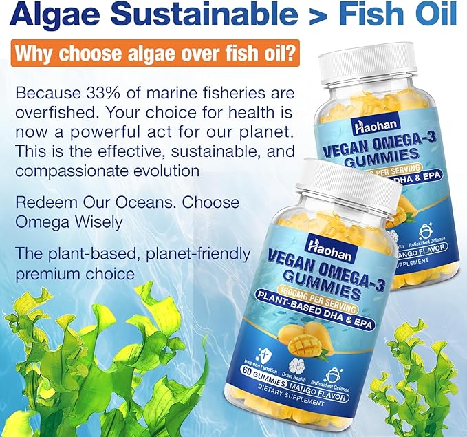 Omega-3 Gummies for Adults, Orange Flavor – Sugar-Free, Algae-Derived DHA 600mg & EPA 300mg, with Vitamins A, C, E, Zinc, 120 Gummies