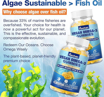 Omega-3 Gummies for Adults, Orange Flavor – Sugar-Free, Algae-Derived DHA 600mg & EPA 300mg, with Vitamins A, C, E, Zinc, 120 Gummies