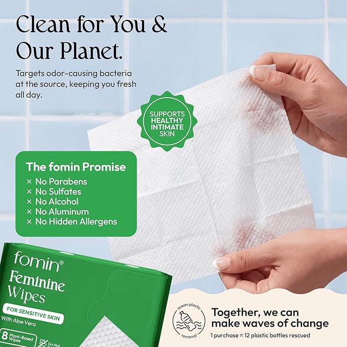FOMIN Feminine Wipes for Women - 36 Pack (288 Wipes) - pH Balanced Aloe Vera Intimate Cleansing Wipes - Wipes for Sensitive Skin - Individual Packets -Travel Essentials & Gifts for Women & Teen Girls