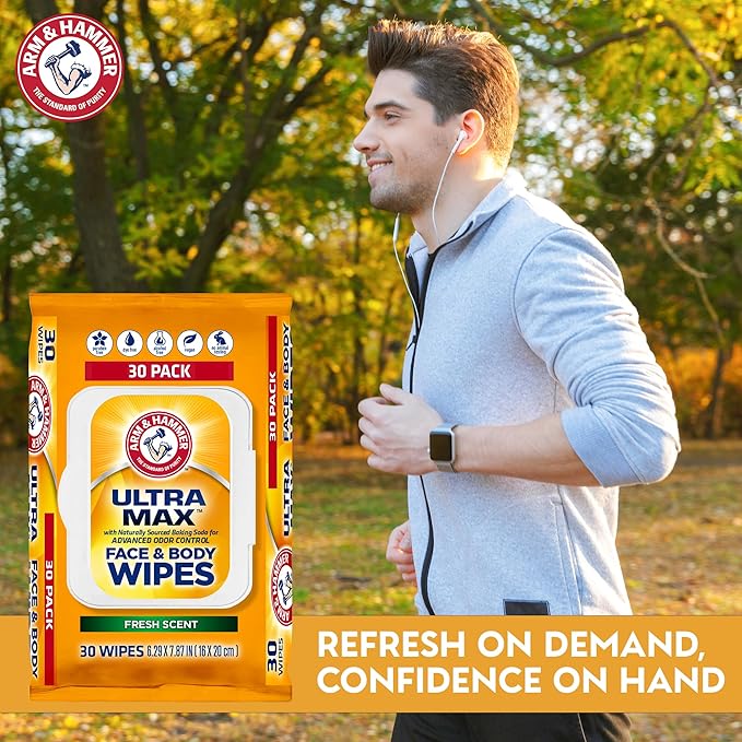 Arm and Hammer Face and Body Wipes for Adults - Deodorant Towelettes 30 Wipes for Men - Shower Sheets for Traveling, Camping, Gym, and Bathing - Alcohol-Free Face Sheets (Cool Water)