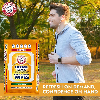 Arm and Hammer Face and Body Wipes for Adults - Deodorant Towelettes 30 Wipes for Men - Shower Sheets for Traveling, Camping, Gym, and Bathing - Alcohol-Free Face Sheets (Cool Water)