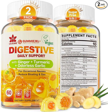 LILICARE Ginger Chews Gummies for Nausea & Digestive Support, Stomach Relief, Sugar Free with Turmeric,Odorless Garlic, Quercetin, Vitamin D3,Digestive Supplements for Occasional Bloating & Gas, 2Pack