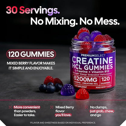 Creatine HCL Gummies for Women & Men - 120 Gummies 6200mg HCL Creatine Chews Advanced Complex with L-Taurine + Vitamin B12 for Muscle Strength, Energy Boost & Booty Gain Gummy - Mixed Berry Flavor