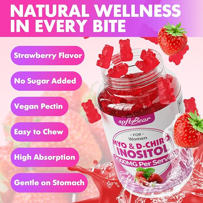 softbear Inositol Supplement for Women, Myo-Inositol & D-Chiro Inositol Gummies Ideal 40:1 Ratio for Female Health & Wellness, Sugar-Free/Veagn/GMO-Free, Strawberry Flavor, 120 Count
