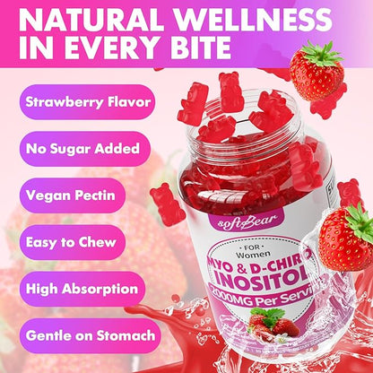 softbear Inositol Supplement for Women, Myo-Inositol & D-Chiro Inositol Gummies Ideal 40:1 Ratio for Female Health & Wellness, Sugar-Free/Veagn/GMO-Free, Strawberry Flavor, 120 Count