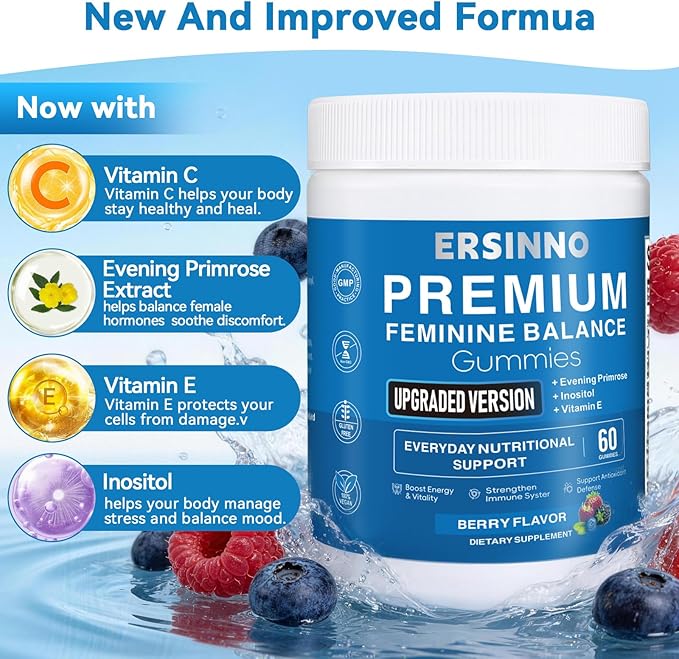 Premium Feminine Balance Gummies - Upgraded Formula with Probiotics, Evening Primrose, Inositol, VIT C & E - Sugar Free, No Artificial Flavors,Vegan Vaginal pH Support & Odor Control,60 (Mixed Berry)