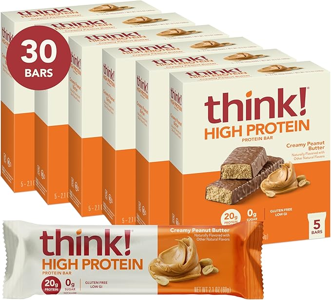 think! Protein Bars, High Protein Snacks, Gluten Free, Kosher Friendly, Creamy Peanut Butter, Nutrition Bars, 2.1 Oz per Bar, 30 Count (Packaging May Vary)