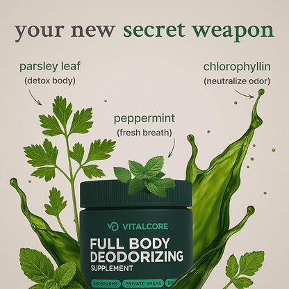 Body Deodorizing Supplement - 200mg Chlorophyll Capsules for 24hr Freshness | Gut & Skin Health | Vegan Body Magic Capsules (60ct)