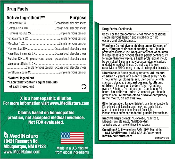 MediNatura BHI Calming Support Tablets – Natural, Plant-Based Support for Simple Nervous Tension, Irritability & Sleeplessness – Relaxation & Nighttime Support – 100 Count