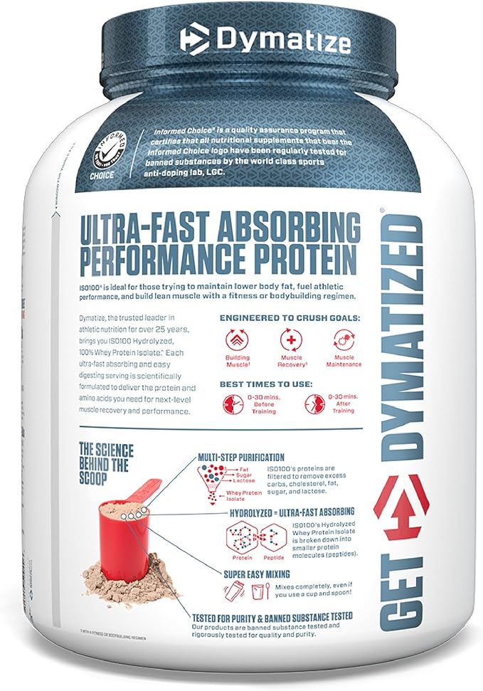 Dymatize ISO100 Whey Protein Powder Isolate, Fudge Brownie, 25g of Protein, 5 Pound, 5.5g BCAAs, Less Than 120 Cal., Gluten Free, 1g Fat, 1g Sugar, 2g Carb (70 Servings)